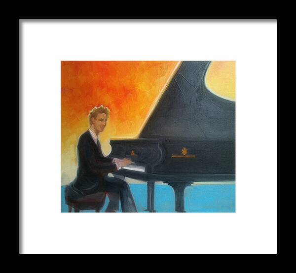 Primary Colors Framed Print featuring the painting Justin Levitt at piano Red Blue Yellow by Suzanne Giuriati Cerny