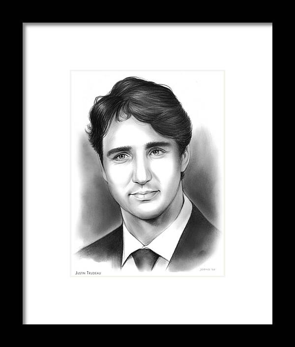 Justin Trudeau Framed Print featuring the drawing Justin Pierre James Trudeau by Greg Joens