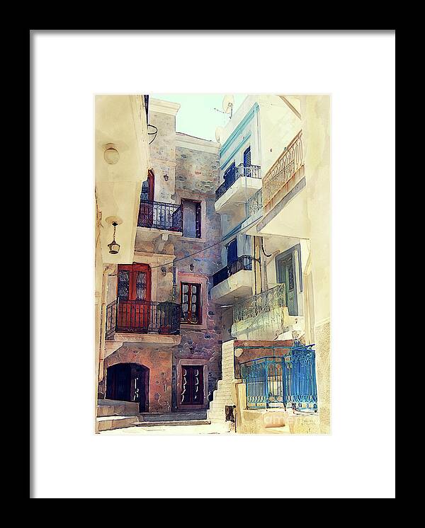 Boat Framed Print featuring the painting Kalymnos Greek Island architecture by Justyna Jaszke JBJart