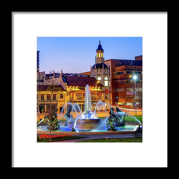 America Framed Print featuring the photograph Kansas City Plaza JC Nichols Fountain at Dusk - Square by Gregory Ballos