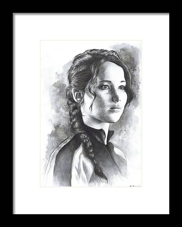 Katniss Everdeen Jennifer Lawrence The Hunger Games Watercolor Watercolour Painting Black Ink Black And White Monochrome Framed Print featuring the painting Katniss by Nienke Feirabend
