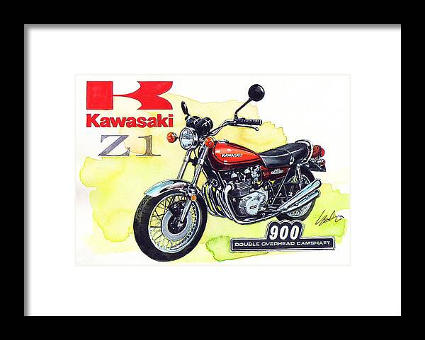 Kawasaki Z1 900 (1972) Framed Print featuring the painting Kawasaki Z1 by Yoshiharu Miyakawa