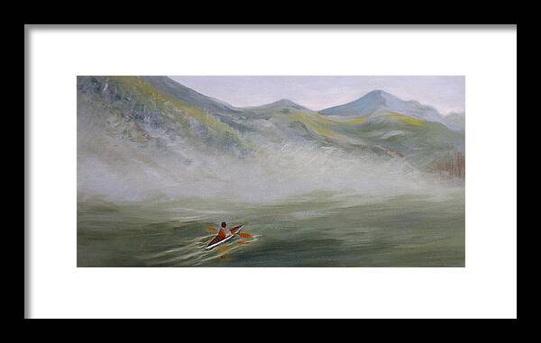 Landscape Framed Print featuring the painting Kayaking Through the Fog by Jo Smoley
