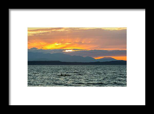 Sunset Framed Print featuring the digital art Kayaking in the Puget Sound by Michael Lee