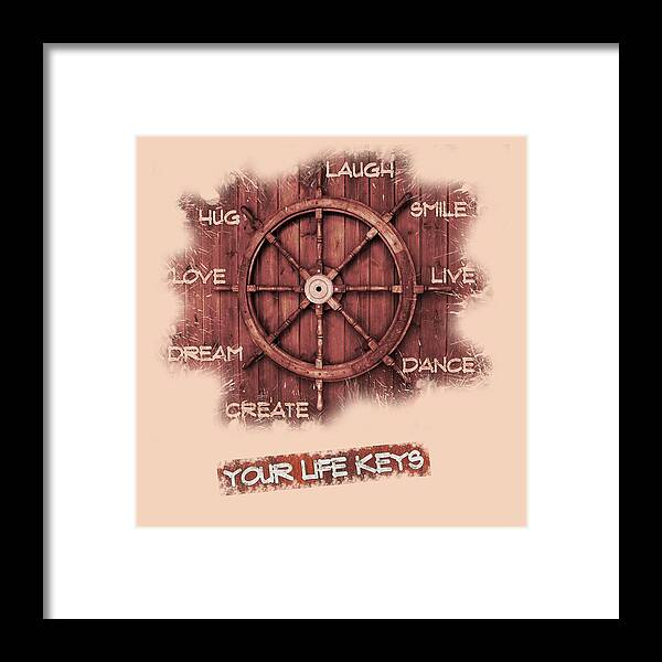 Wooden Helm Framed Print featuring the painting Keys to Happiness Typography on wooden Helm by Georgeta Blanaru