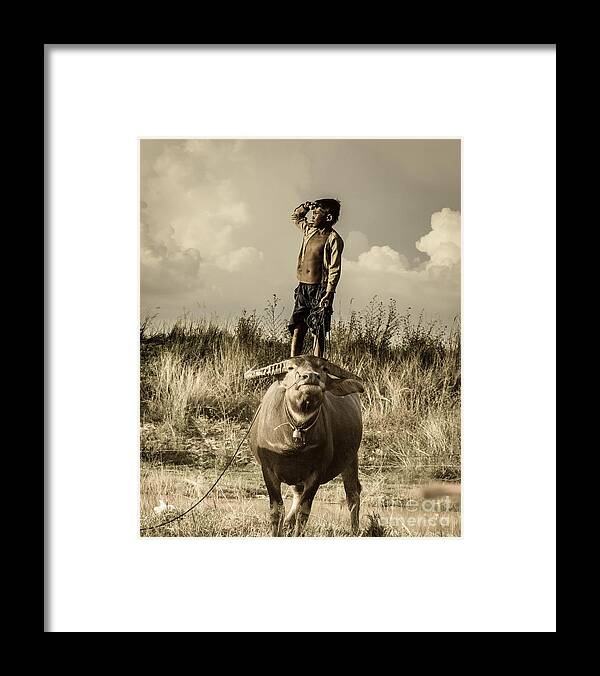 Boy; Cow ; Trip ; See ; Future ; Grass ; Lake ; Play Framed Print featuring the photograph Kid and Cow by Arik S Mintorogo