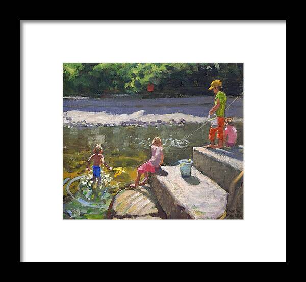 Kid Framed Print featuring the painting Kids fishing  Looe  Cornwall by Andrew Macara