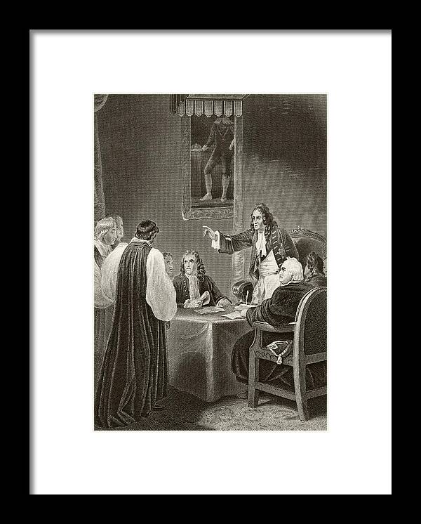 James Framed Print featuring the drawing King James II Of England Facing Bishops by Vintage Design Pics