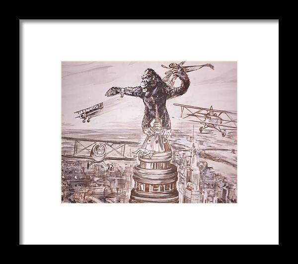 King Kong 1933 Bruce Cabot Robert Armstrong Fay Wray Creature Features Rko Radio Pictures Silver Screen Framed Print featuring the painting King Kong - Atop The Empire State Building by Jonathan Morrill