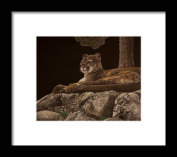 Cougar Framed Print featuring the painting King of the Hill by Margaret Sarah Pardy