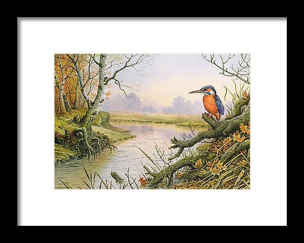 Kingfisher Framed Print featuring the painting Kingfisher Autumn River Scene by Carl Donner