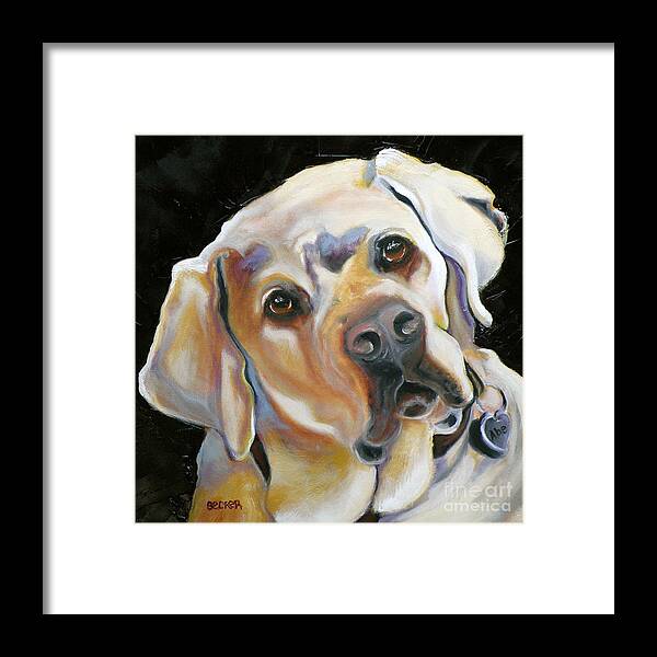 Yellow Lab Paintings Framed Print featuring the painting Kissably Close Lab by Susan A Becker