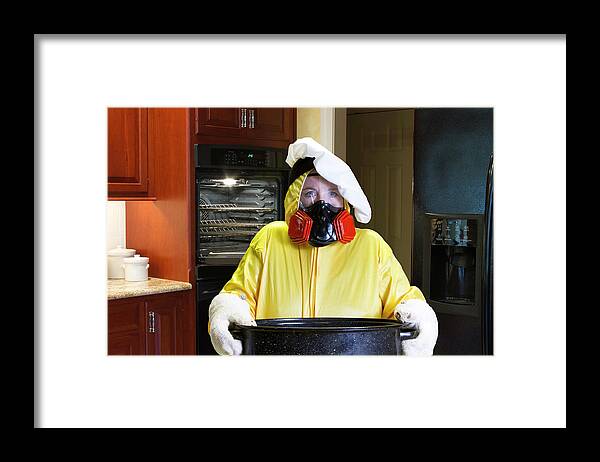 Burning Framed Print featuring the photograph Kitchen disaster with HazMat suit by Karen Foley