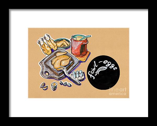 Food Framed Print featuring the drawing Kitchen Illustration Of Menu Of Fowl Products by Ariadna De Raadt