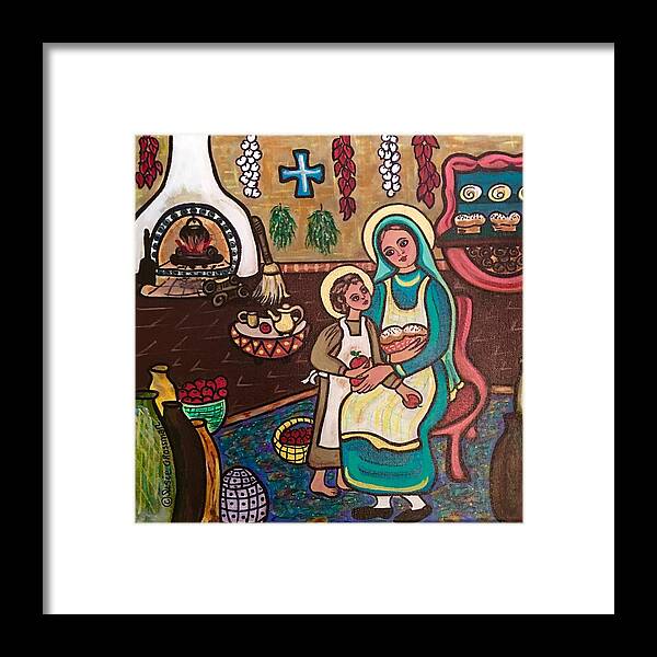 Kitchen Madonna Pottery Red Peppers Garlic Teapot Apples Child Jesus Mary Fireplace Rugs Cross Framed Print featuring the painting Kitchen Madonna by Susie Grossman