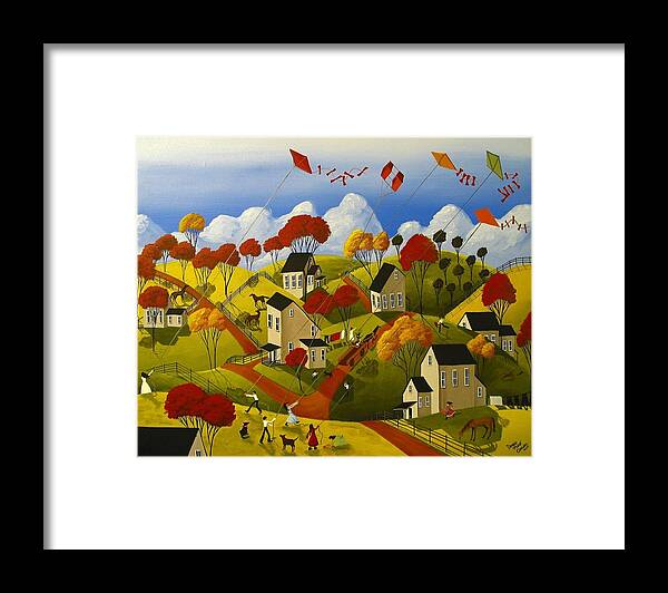 Folk Art Framed Print featuring the painting Kite Flying Frenzy by Debbie Criswell