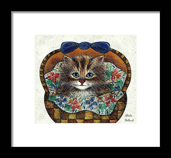 Natalie Holland Art Framed Print featuring the mixed media Kitten In Basket by Natalie Holland
