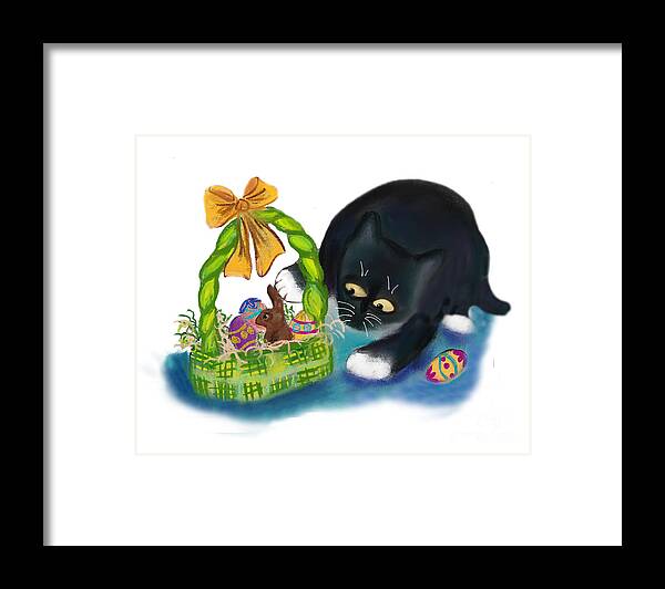 Easter Basket Framed Print featuring the digital art Kitten is Raiding the Easter Basket by Ellen Miffitt