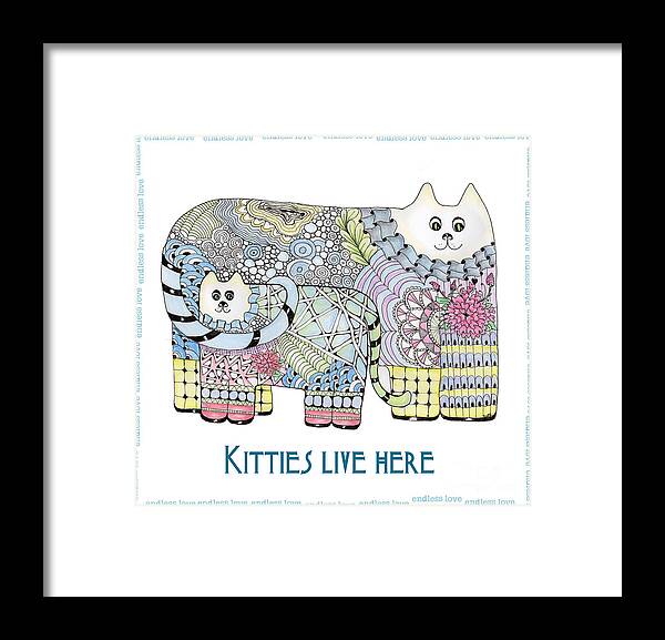 Kitties Cat Zentangle Doodles Framed Print featuring the tapestry - textile Kitties Live Here by Ruth Dailey
