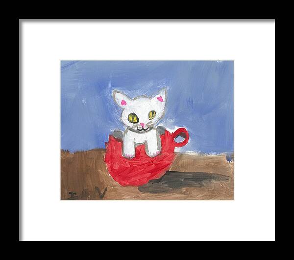 Cat Framed Print featuring the painting Kitty In A Red Cup by Ian Reynolds
