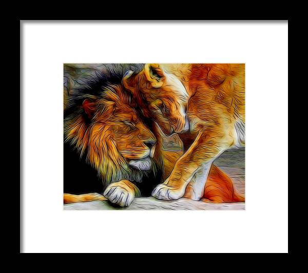 Lion Framed Print featuring the digital art Kitty Love Digital Art by Ernest Echols