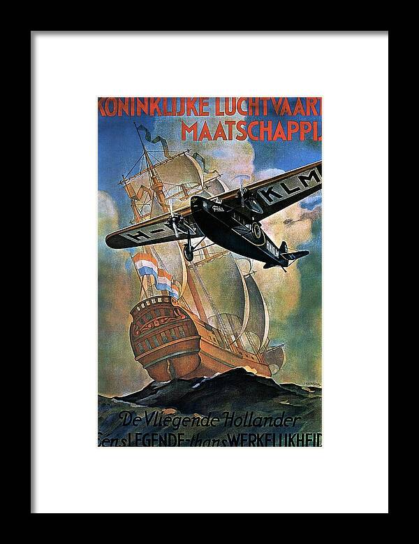 Klm Framed Print featuring the painting KLM - Royal Dutch Airlines Aircraft flying over a sailing ship - Vintage Advertising Poster by Studio Grafiikka