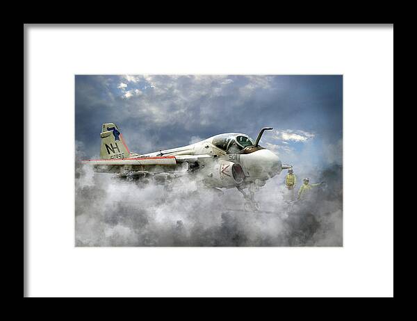 A Grumman A6 Intruder From Va-52 The 'knight Riders Ready For Launch From The Uss Kitty Hawk Framed Print featuring the digital art Knight Riders by Airpower Art