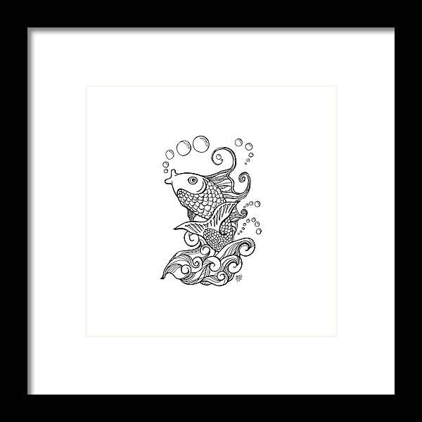 Koi Framed Print featuring the drawing Koi Fish and Water Waves by Laura Ostrowski