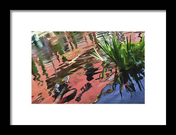 Linda Brody Framed Print featuring the digital art Koi Pond Reflections Abstract I by Linda Brody