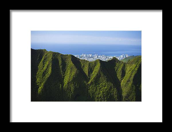 Aerial Framed Print featuring the photograph Koolau Mountains and Honolulu by Dana Edmunds - Printscapes