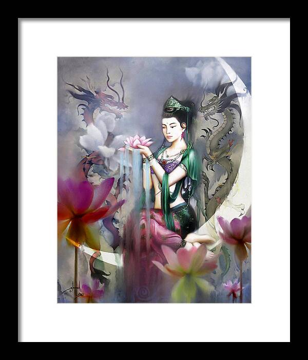 Spiritual Framed Print featuring the digital art Kuan Yin Lotus of Healing by Stephen Lucas