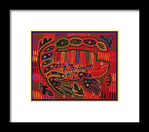 Mola Framed Print featuring the digital art Kuna Indian Iguana Mola Inspired Design by Vagabond Folk Art - Virginia Vivier