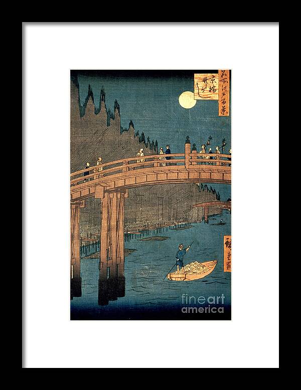 Kyoto Framed Print featuring the painting Kyoto bridge by moonlight by Hiroshige