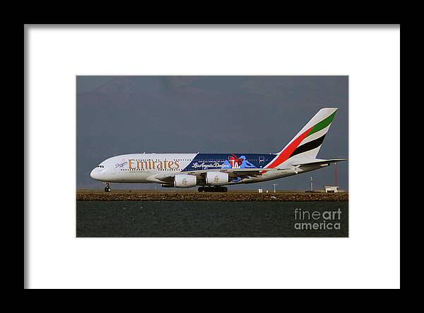 La Dodgers Framed Print featuring the photograph LA Dodgers A380 ready for take-off at SFO by Wernher Krutein