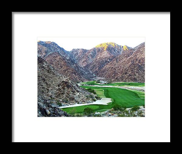 Image Picture Shot Photo Photograph Palm Springs California Desert Golf Course Golf Club Hole Number 15 Fifteen 15th 14th Fourteenth Fourteen 14 Green Pin Flag Wind Bunkers Sand Crescent Prints Print Desert High Sand Mountains Hills Cliffs Tundra Cactus Traps Brown Target Wash Arroyo Juniper Scrub Brush Fine Arts Print Prints For Sale Sunset Dusk Twilight Water Reflection Late Light Coachella Valley Mountain Course La Quinta Resort And Golf Clujb Panorama View 16th Tee Sixteenth Sixteen 16 Framed Print featuring the photograph La Quinta Resort - Mountain Course - View from 16 Tee by Scott Carda