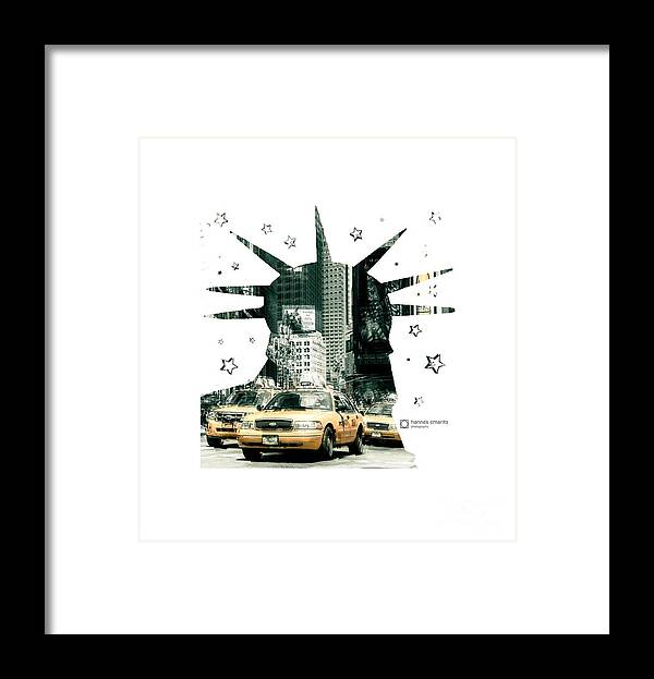 Graphical Framed Print featuring the photograph Lady Liberty And The Yellow Cabs by Hannes Cmarits