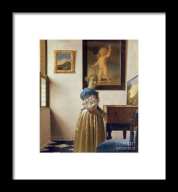 Lady Framed Print featuring the painting Lady standing at the Virginal by Vermeer by Jan Vermeer