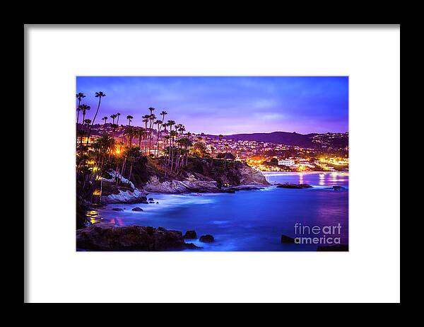 America Framed Print featuring the photograph Laguna Beach California City at Night Picture by Paul Velgos