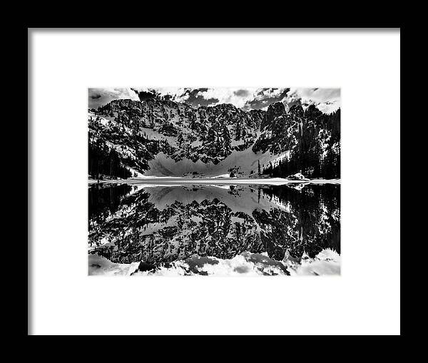 Reflection Framed Print featuring the digital art Lake 22 Winter Black and White Reflection by Pelo Blanco Photo