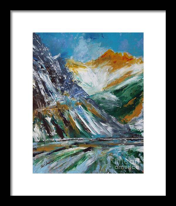 Mountains Framed Print featuring the painting Lake And Alps by Lidija Ivanek - SiLa