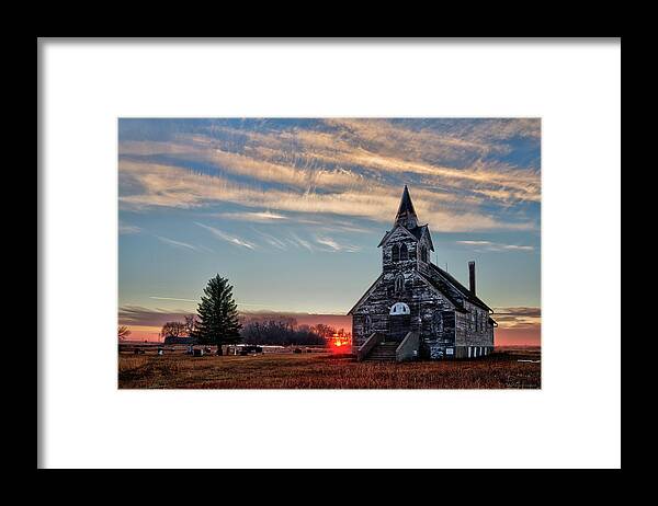 Church Abandoned Rural Lutheran Prairie Horizontal Sunset Landscape Framed Print featuring the photograph Sunset at the Big Coulee Lutheran Church by Peter Herman
