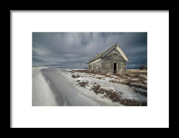 Abandoned Schoolhouse School Rural One Room School Nd North Dakota Snow Winter Scenic Landscape Horizontal Framed Print featuring the photograph Lake Ibsen Schoolhouse by Peter Herman