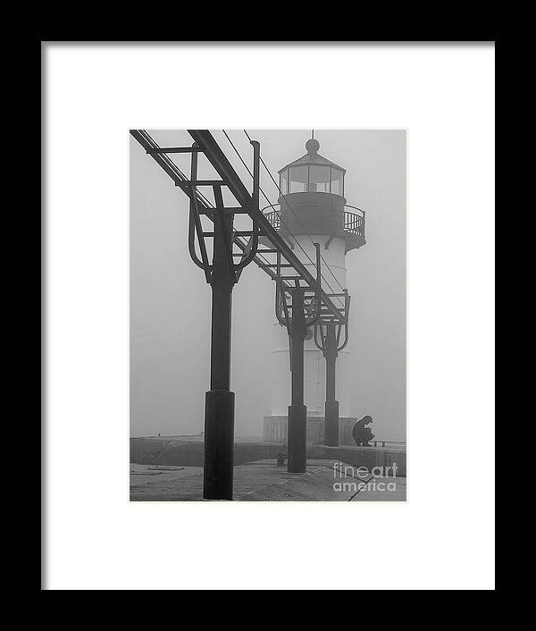 Lighthouse Framed Print featuring the photograph Lake Michigan Fog - bw by Ann Horn