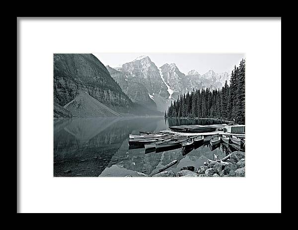 Lake Framed Print featuring the photograph Lake Moraine Grayscale by Frozen in Time Fine Art Photography