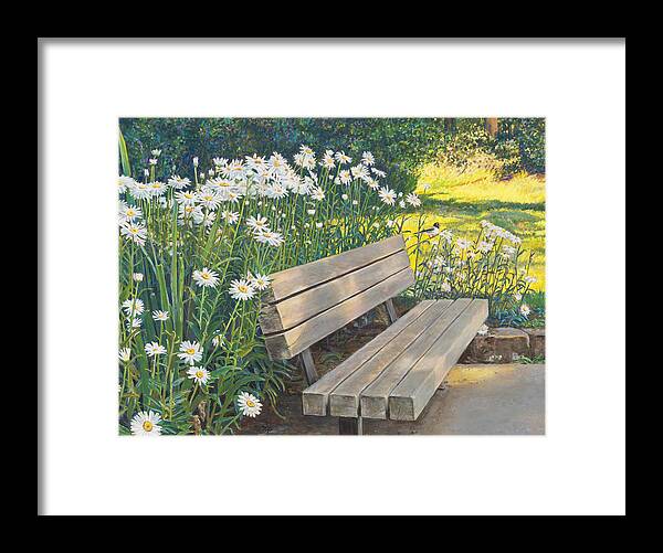 Birdseye Art Studio Framed Print featuring the painting Lake Padden Series - Memorial Bench of Judy Winter by Nick Payne