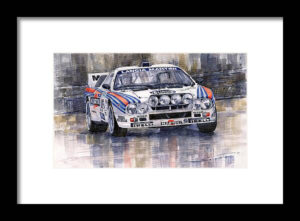 Watercolor Framed Print featuring the painting Lancia 037 Martini Rally 1983 by Yuriy Shevchuk