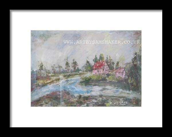 Peaceful Framed Print featuring the painting Land scape with red brick house by Sam Shaker