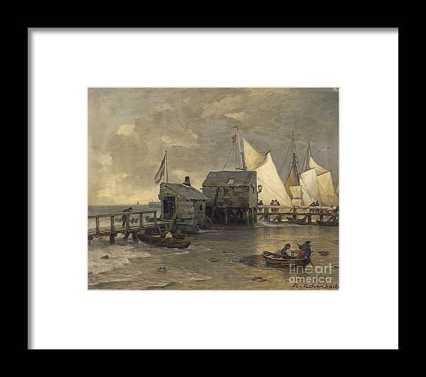 Andreas Achenbach Framed Print featuring the painting Landing Stage With Sailing Ships by MotionAge Designs