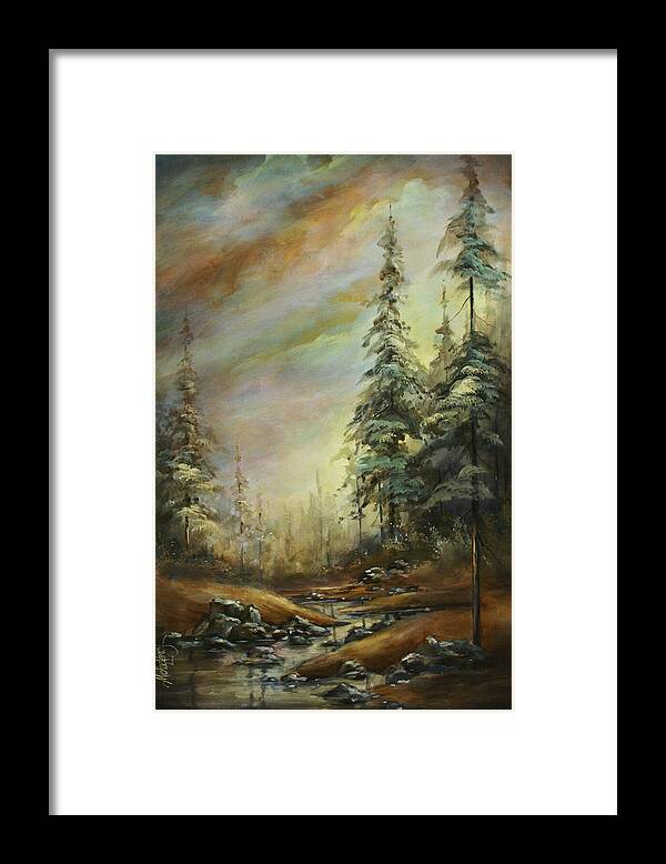 Landscape Pine Trees Creek Evening Sky Moody Quiet Stormy Framed Print featuring the painting Landscape 7 by Michael Lang