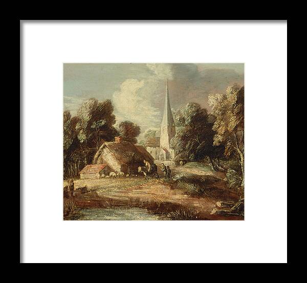 18th Century Art Framed Print featuring the painting Landscape with cottage and church by Thomas Gainsborough